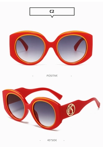 Detail of red and orange plastic round sunglasses showing front and 45-degree side views