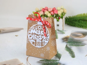 Weihnachts-Geschenktüte aus Kraftpapier mit Schneeflockenmuster und roter Schleife
