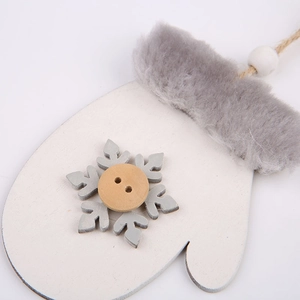 White wooden Christmas glove ornament with grey faux fur trim and snowflake detail