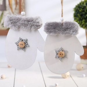 Wooden Christmas glove ornaments with grey faux fur trim and snowflake detail set of 2