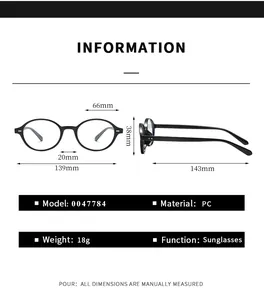 Size chart for oval sunglasses model 0047784 showing frame dimensions and 18g PC weight