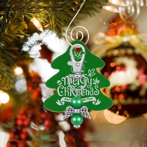 Detailed Christmas tree ornament with green base, silver wings and beads on holiday decor