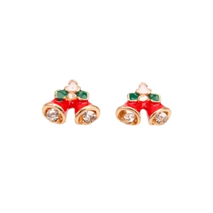 Kerstbel oorknopjes in rood en groen emaille met glanzende kristallen en gouden afwerking