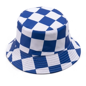 Close-up of blue and white checkerboard pattern on cotton sun bucket hat texture