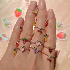 Cute fruit themed rings set with strawberry and grape zircons in rose gold finish