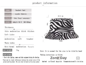Detaillierte Maße des Fischerhuts aus Wildlederimitat mit Zebra-Print und Abmessungen