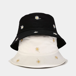Black and beige daisy embroidered bucket hats for sun protection and outdoor use