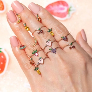 Sweet Fruit Rings Copper Zirconia Apple Grape Cherry Strawberry Shape Beaded Band Fashion Jewelry For Women Girls