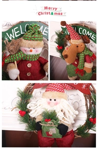 Detailed close-up of Nordic Christmas door wreaths with Santa and snowman figurines