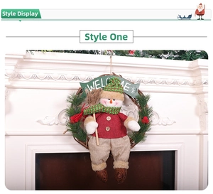 Christmas door wreath featuring a plush snowman doll and Welcome banner on a mantel