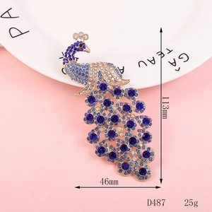 Detailed view of colorful peacock brooch with measurements 113mm height and 46mm width