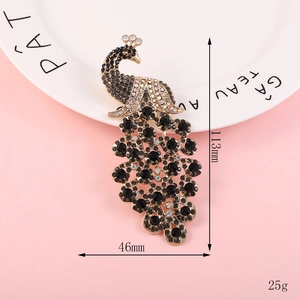 Peacock brooch detail in gold with black rhinestones, size 113x46mm, weight 25g