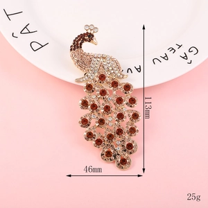 Detailed view of colorful peacock brooch with measurements: 113mm length and 46mm width