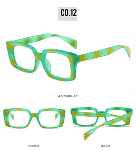 Three-angle view of square green tortoiseshell glasses frames with thick temples