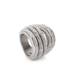 Vintage multi-layer wide silver ring with pavé rhinestones and hollow design