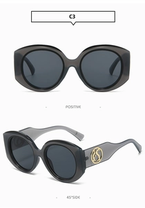 Detailed close-up showing the translucent grey frame and golden logo on the side temples
