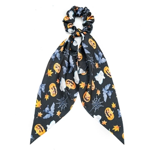 Halloween scarf scrunchie with pumpkin ghost and bat prints on black satin fabric