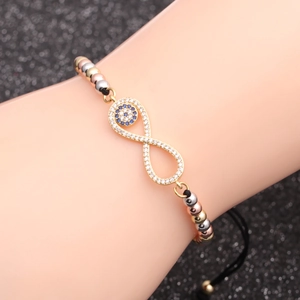 Infinity evil eye bracelet with micro-pave zircons and tricolor beads on black cord