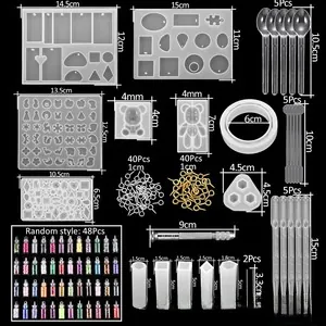 DIY resin casting kit featuring silicone molds with various tools and accessories