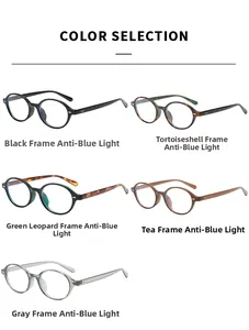 Detail view of oval anti-blue light glasses frames in five assorted vintage colors