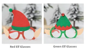 Close-up of Christmas elf glasses frames with glitter finish and fabric hat details