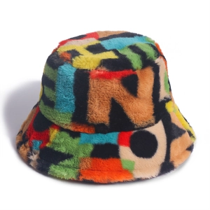Colorful faux fur bucket hat with luxury letter patterns and soft plush texture