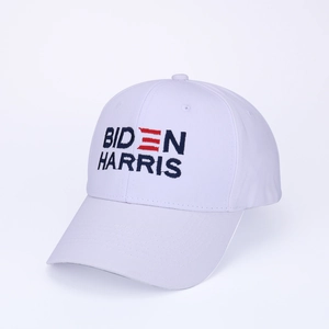 Close-up of BIDEN HARRIS embroidery on high-quality white canvas baseball cap