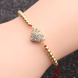 Red cord chain bracelet with gold beads and colorful zircon paved heart charm