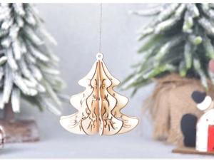 Detail view of 3D DIY wooden Christmas tree pendant with cutout design and silver chain