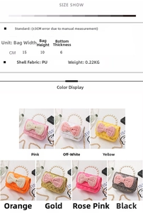 Detailed size chart for mini girls' crossbody bag with pearl handle and quilt pattern