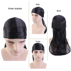 Detail view of black satin durag with inner suture construction and multiple angles