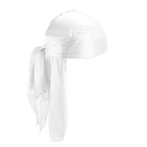 White satin durag wrap for men and women featuring a long tail and smooth silk-like finish