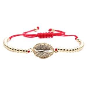 Adjustable red woven shell bracelet with gold-plated copper beads and zircon stones