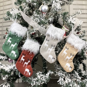 Small Christmas Stocking Linen Burlap White Faux Fur Cuff Reindeer Elk Print Hanging Ornament Festive Candy Gift Bag Rustic Decoration