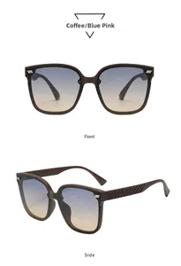 Détails de lunettes de soleil carrées avec monture marron et verres dégradés