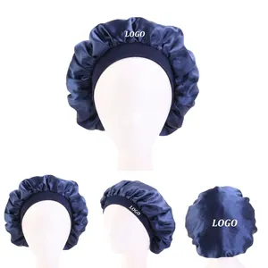 Detailed views of dark blue silk satin durag with elastic band from multiple angles