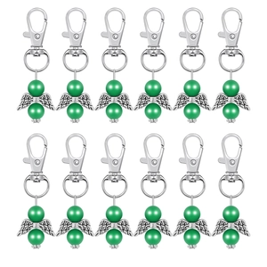 12-piece silver angel wing keychain set with green beads for Christmas tree decoration