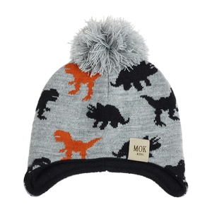 Kids knitted winter hat with dinosaur pattern, earflaps, and grey faux fur pompom