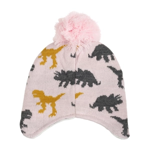 Detail of pink knitted baby hat with dinosaur patterns and soft fleece lining