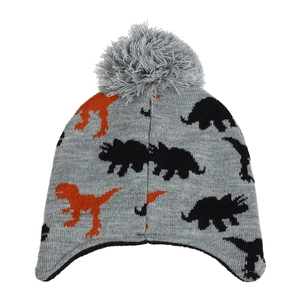 Close-up of children's grey knit earflap beanie with orange dinosaur jacquard and pom-pom