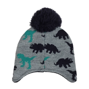 Close-up of baby knitted trapper hat featuring green dinosaur jacquard and large pompom