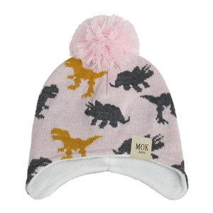 Pink knit kids earflap hat with warm fleece lining and yellow dinosaur jacquard pattern