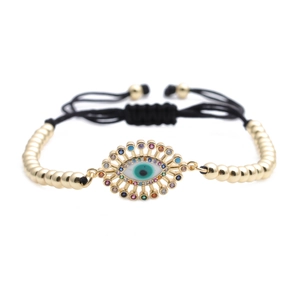 Copper evil eye chain bracelet with colorful zircons and adjustable black woven cord
