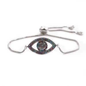Silver evil eye chain bracelet with colorful zircons and adjustable sliding clasp