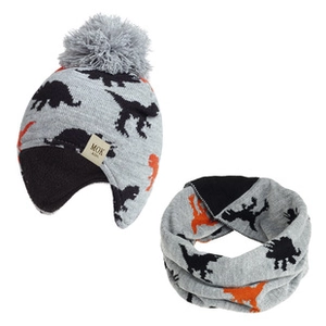 Detailed view of grey knitted baby hat and scarf set featuring black dinosaur silhouettes