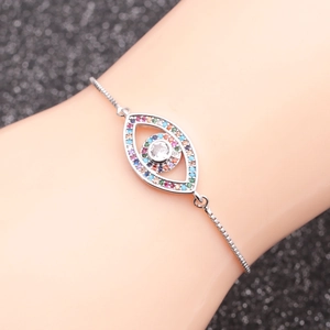Silver evil eye bracelet with colorful zircons and adjustable slider for men