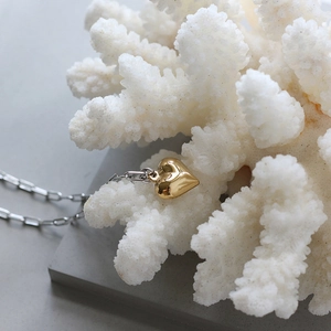 Golden heart pendant with silver paperclip chain necklace on white coral display