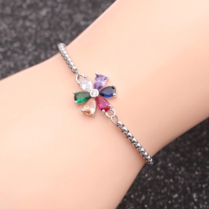 Silver bead chain bracelet featuring a colorful six-petal zircon flower pendant