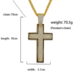 Detailed size specifications for the gold iced-out cross pendant and 70cm cuban chain