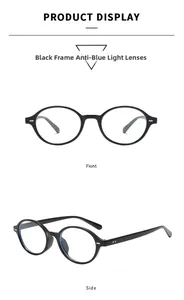 Detail view of oval black frame glasses with blue light blocking lenses and metal rivets
